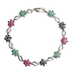 Natural Emerald, Ruby & Sapphire Rhodium Plated Sterling Bracelet